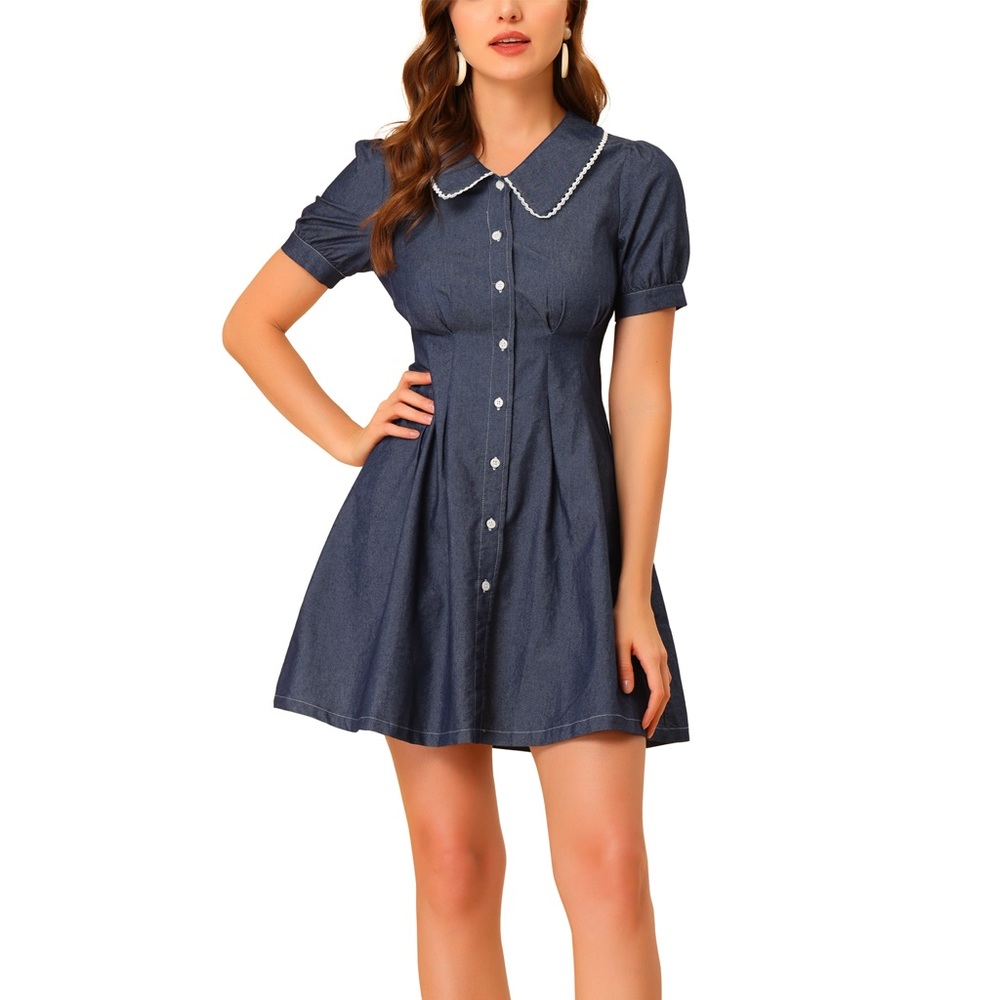 ALLEGRA K DENIM PUFF SLEEVE BUTTON FRONT FLARE A-LINE MINI DRESS - Picture 14 of 14